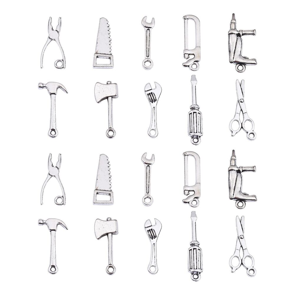 9933 100 Pcs 10 Style Metal Tool Kit Charms Pliers Axe Hammer Screwdriver